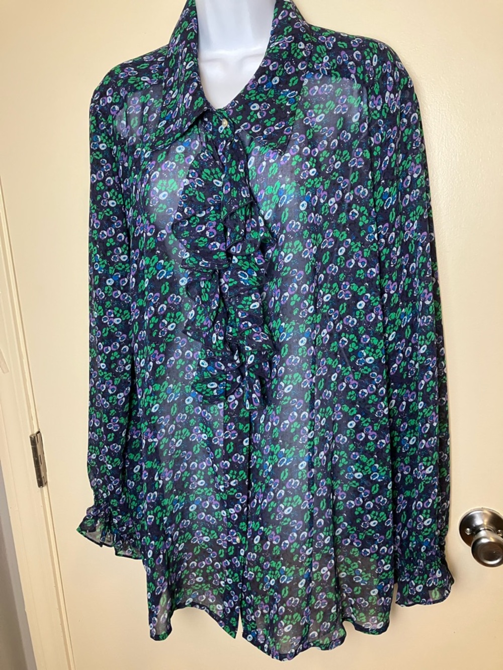 Twiggy London Sheer Floral Ruffle Button-Front Blouse Cottagecore Office Size 2x